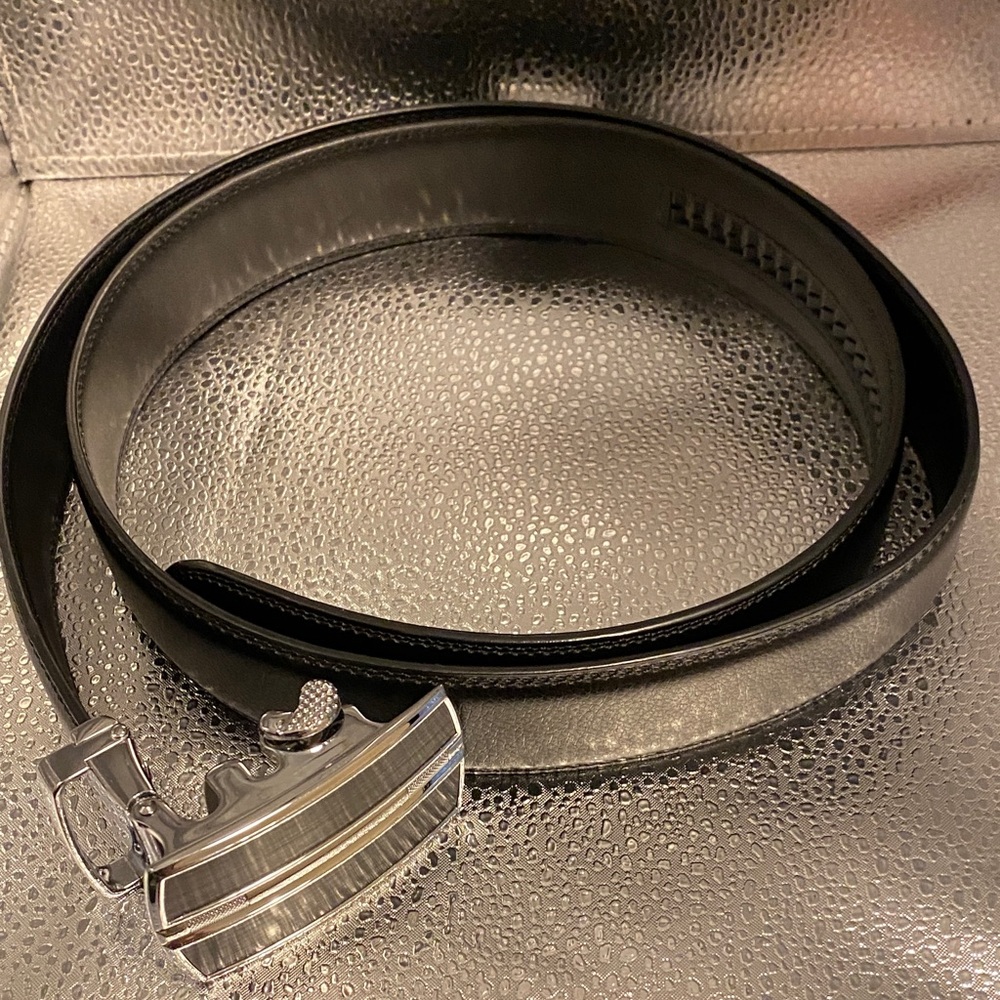 Men's Black Leather Belt with Polished Silver Buckle